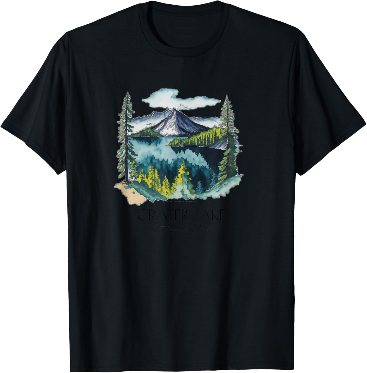Cool Crater Lake National Park Hiking Watercolor Graphic T-Shirt - T-Shirt | Black