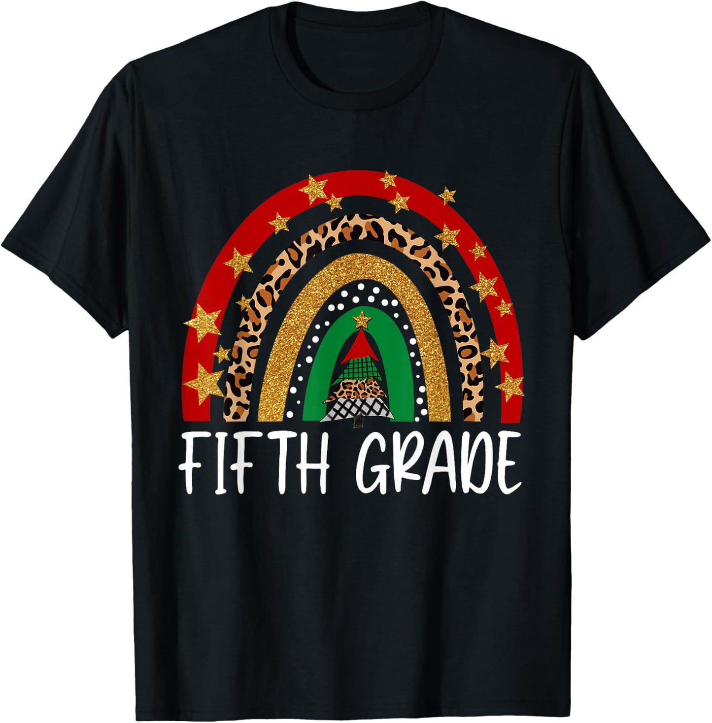 Fifth Grade Teacher Christmas Funny Rainbow Leopard Buffalo T-Shirt - T-Shirt | Black