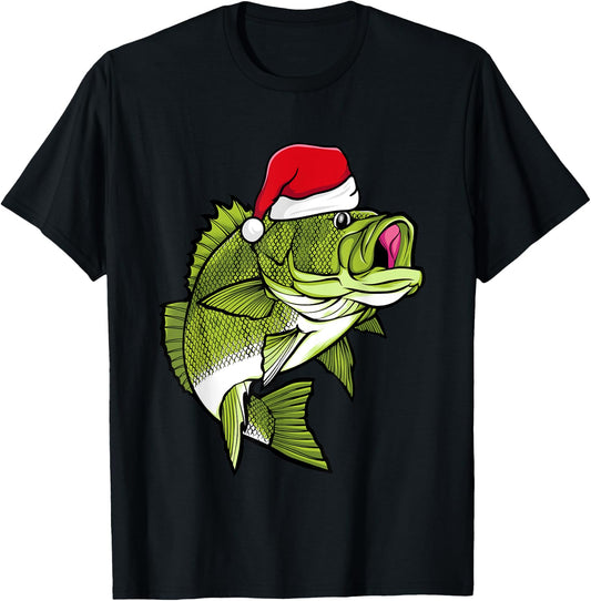 Bass Fishing Christmas Pajama Fish Santa Fisherman Angler T-Shirt - T-Shirt | Black