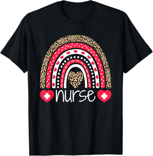 Women Nurse Nurses Week Rainbow Leopard School Nurse Day T-Shirt - T-Shirt | Black