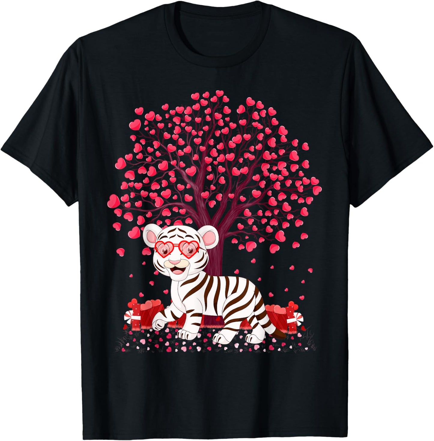 White Tiger Lover Heart Tree White Tiger Valentine's Day T-Shirt - T-Shirt | Black