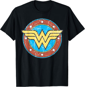 DC Wonder Woman Logo Circle Distressed T-Shirt - T-Shirt | Black