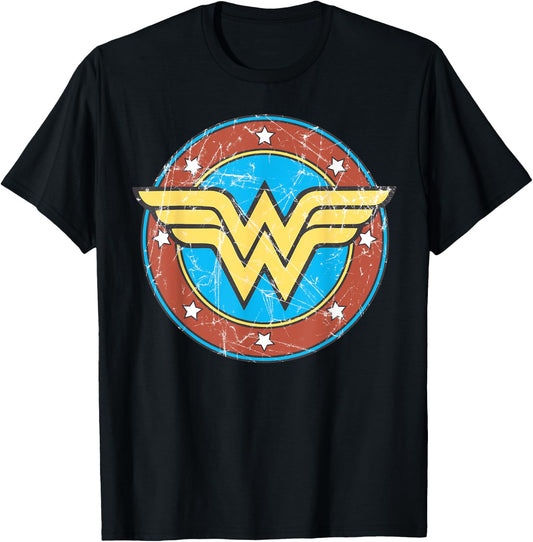 DC Wonder Woman Logo Circle Distressed T-Shirt - T-Shirt | Black