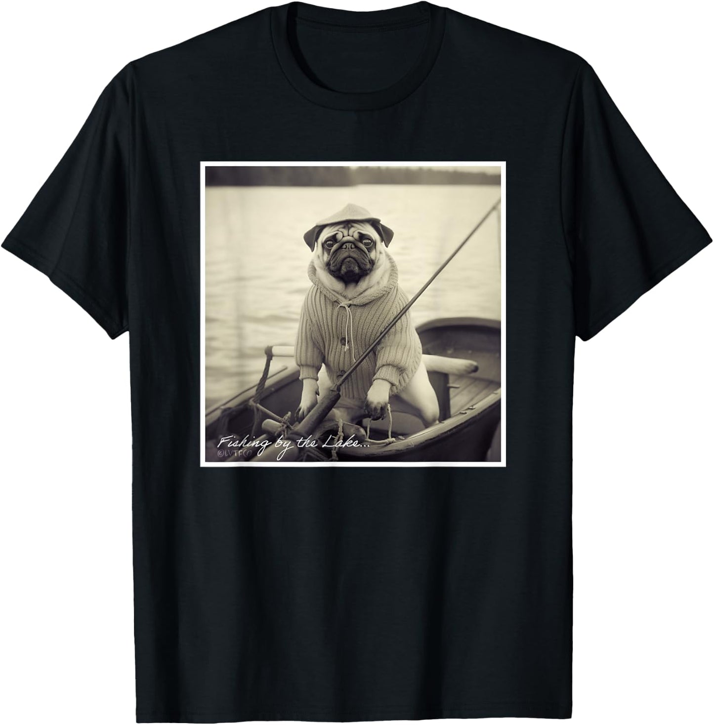 Funny Pug Fisherman on Boat Vintage Graphic T-Shirt - T-Shirt | Black
