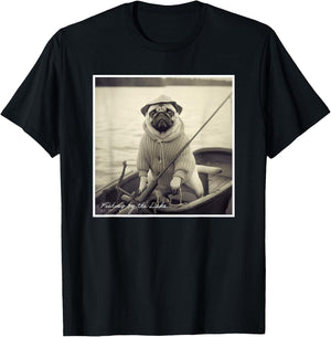 Funny Pug Fisherman on Boat Vintage Graphic T-Shirt - T-Shirt | Black