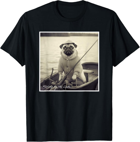 Funny Pug Fisherman on Boat Vintage Graphic T-Shirt - T-Shirt | Black