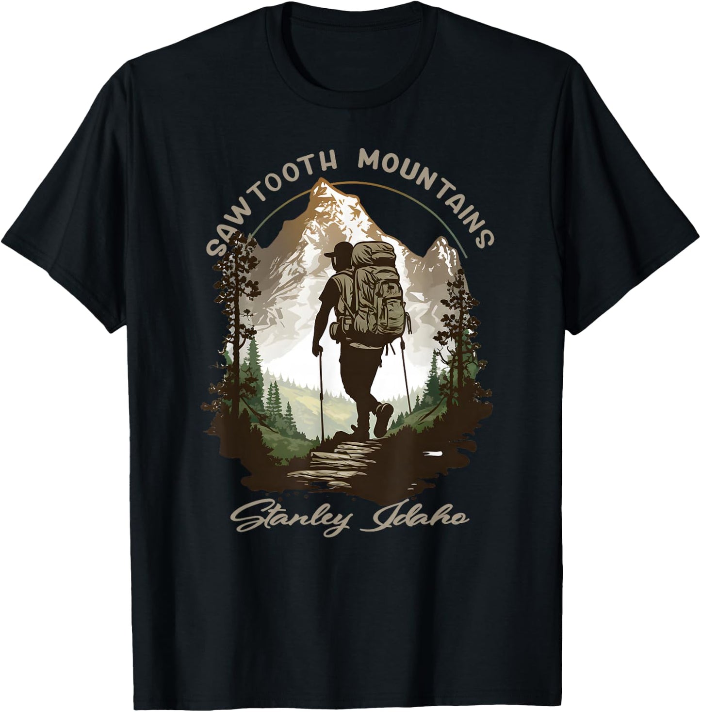 Sawtooth Mountains Stanley Idaho Hiking Scene T-Shirt - T-Shirt | Black