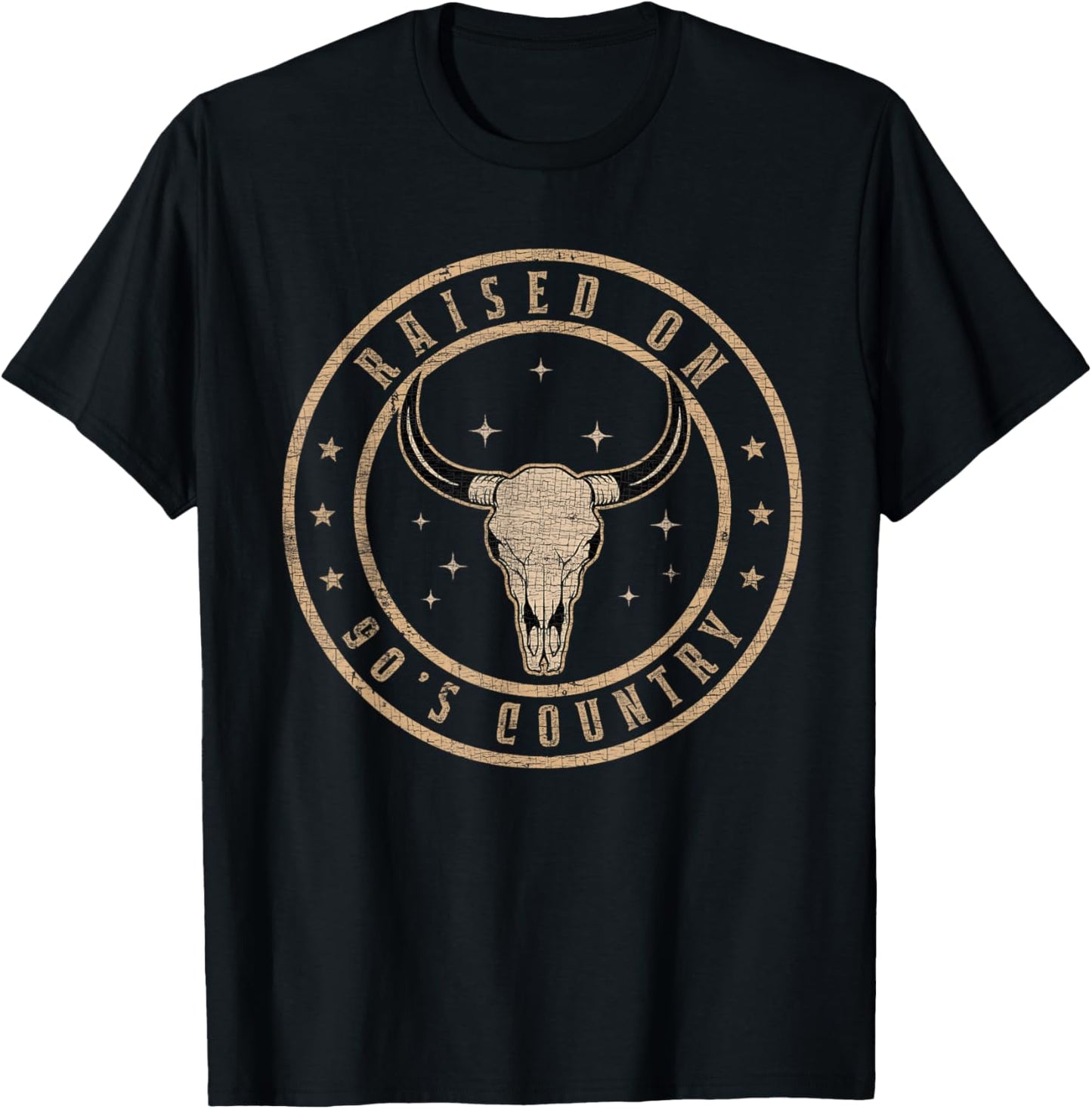 Raised On 90's Country Vintage Bull Skull Western Country T-Shirt - T-Shirt | Black