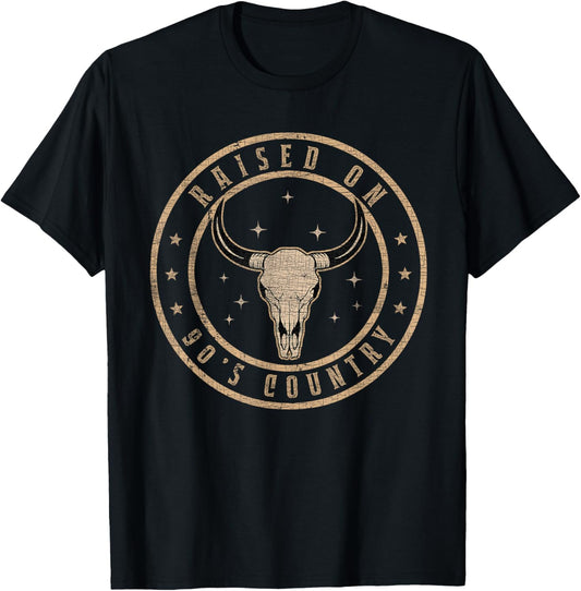 Raised On 90's Country Vintage Bull Skull Western Country T-Shirt - T-Shirt | Black