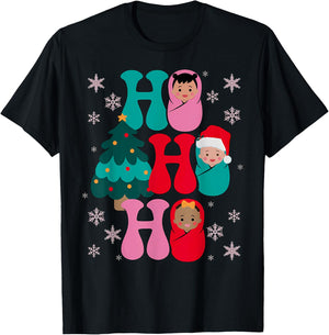 Ho Ho Ho Labor and Delivery Nurse Christmas Mother Baby T-Shirt - T-Shirt | Black