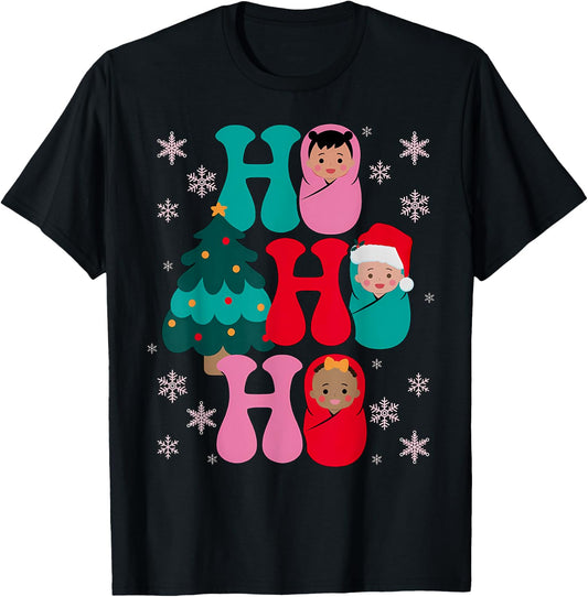 Ho Ho Ho Labor and Delivery Nurse Christmas Mother Baby T-Shirt - T-Shirt | Black
