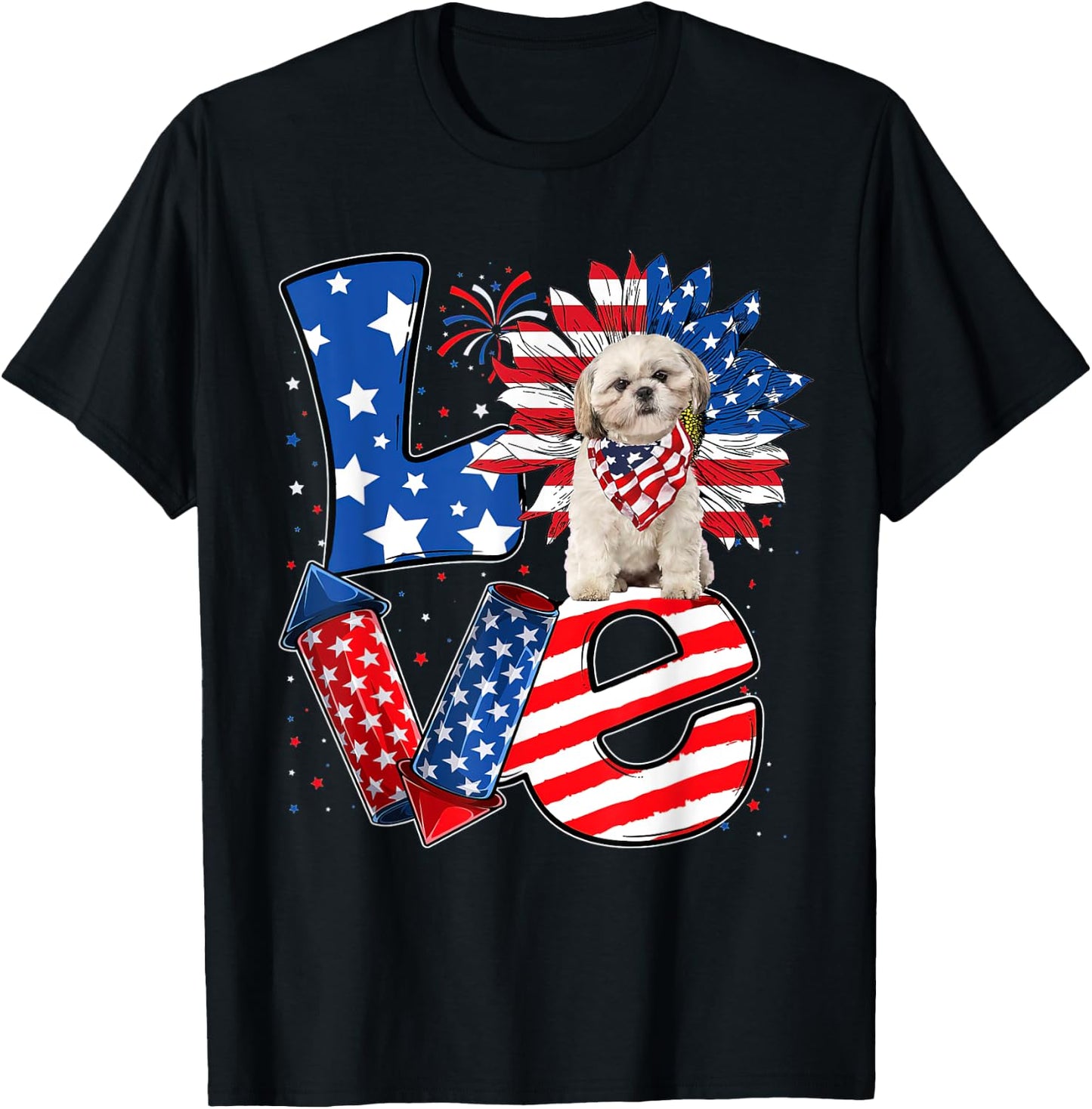 4th of July Decor Patriotic LOVE Shih Tzu Dog USA Flag T-Shirt - T-Shirt | Black
