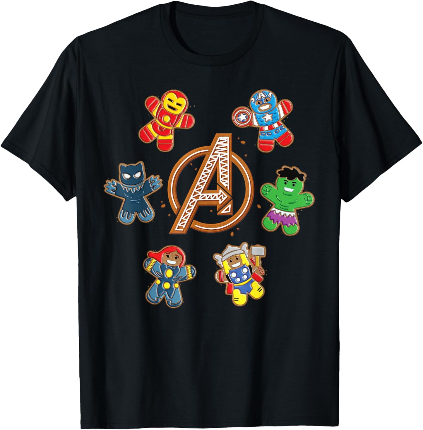 Marvel Avengers Holiday Christmas Gingerbread People & Logo T-Shirt - T-Shirt | Black