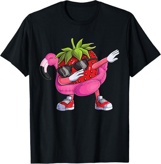 Dabbing Strawberry Flamingo Tropical aloha Beach Hawaiian Women Kids T-Shirt - T-Shirt | Black