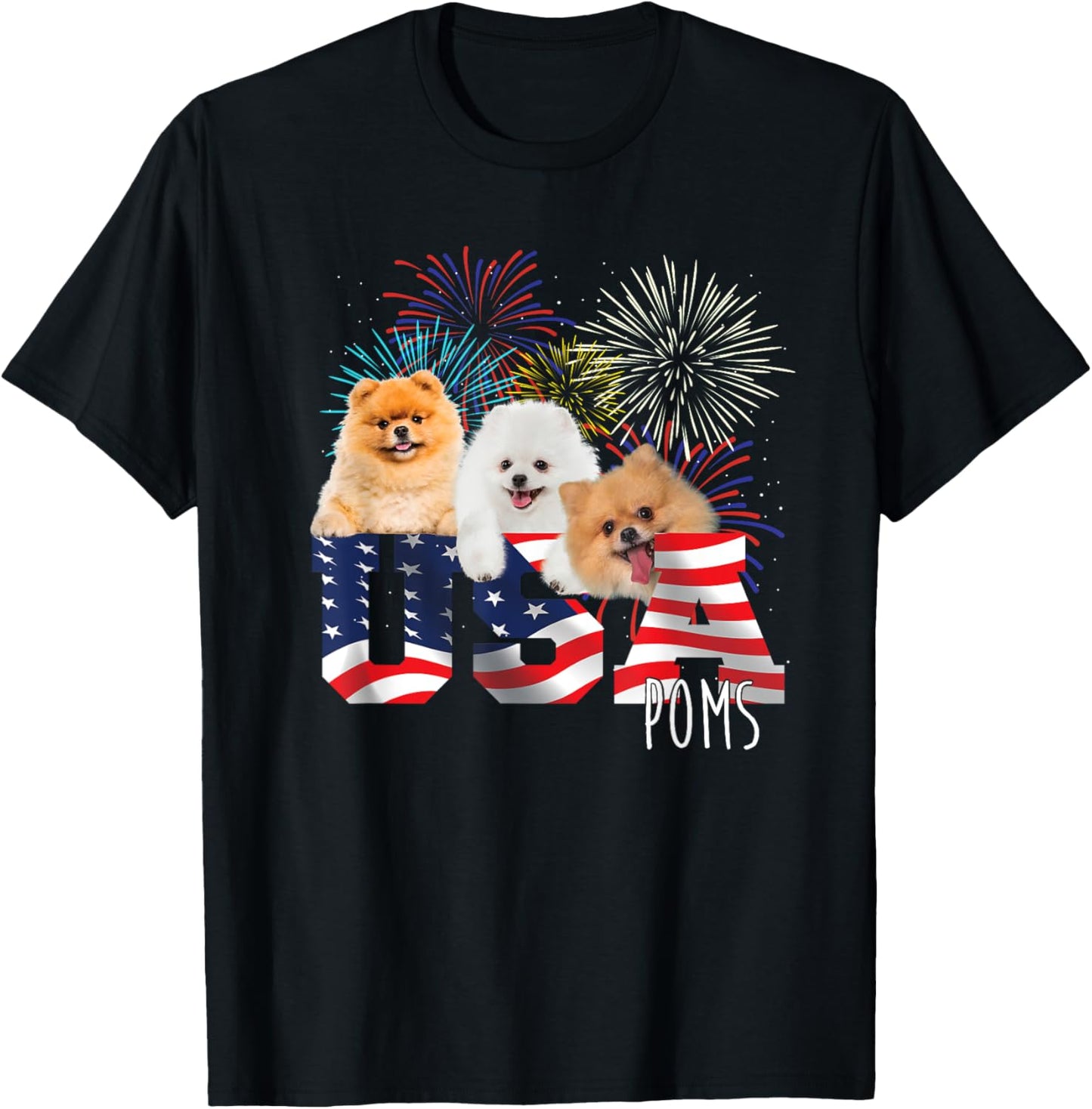 USA Poms - American Flag Patriotic Dog Lover Pet Owner Puppy T-Shirt - T-Shirt | Black