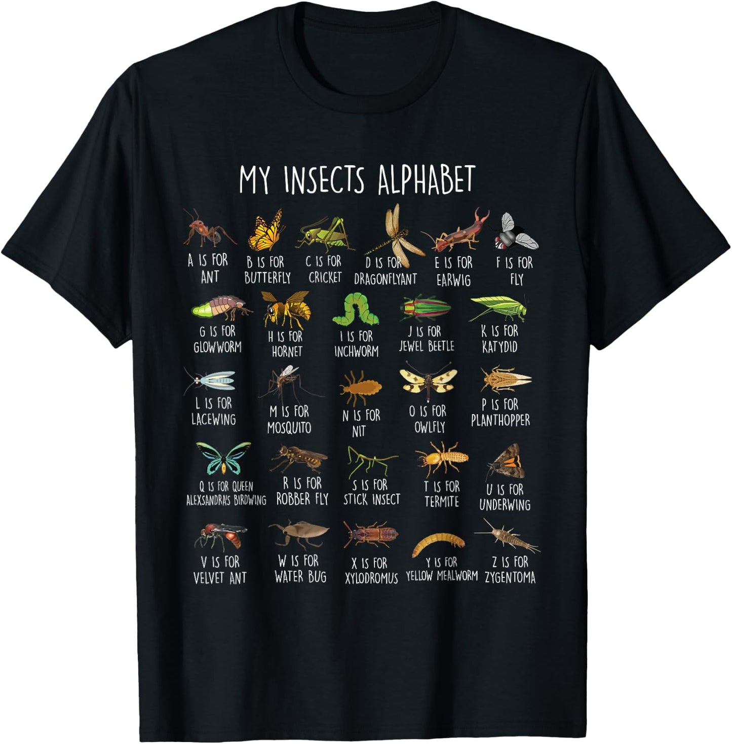Types Of Insects Alphabet A-Z Identification T-Shirt - T-Shirt | Black