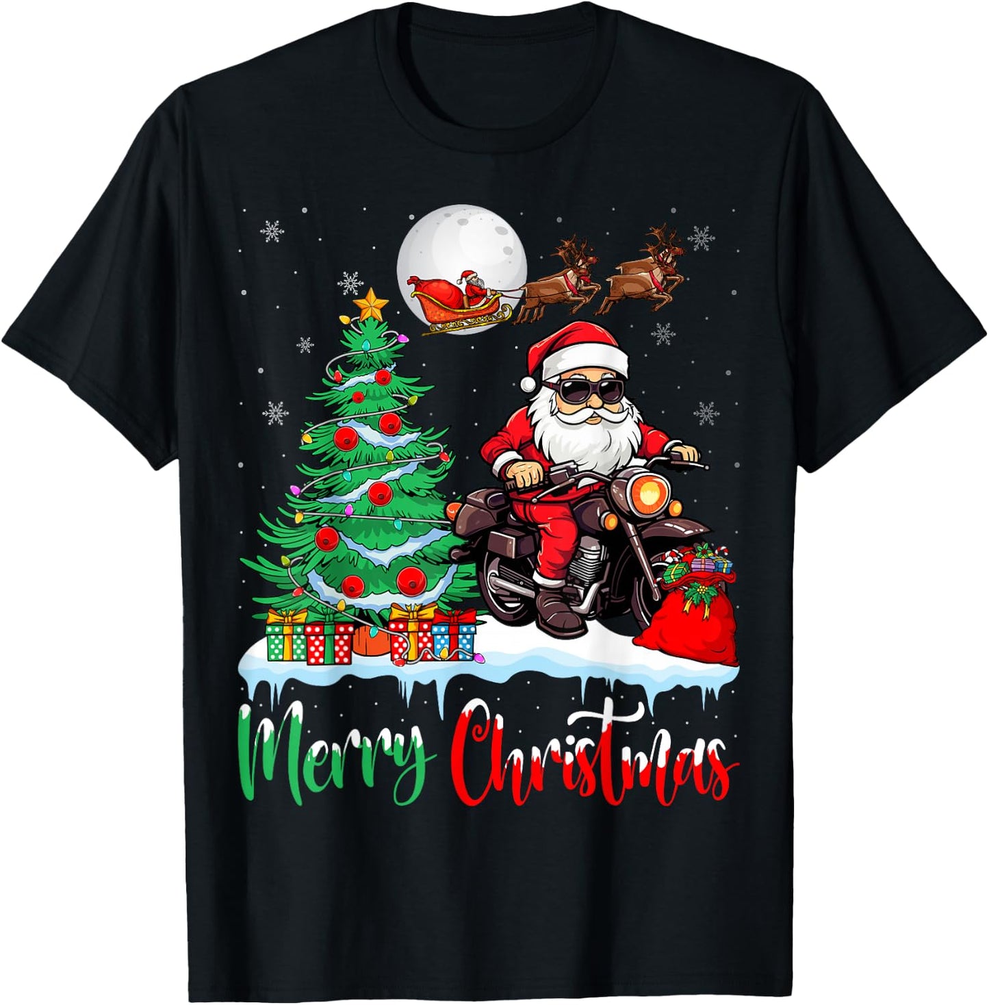 Motorcycle Santa Christmas Tree Xmas Merry Christmas Santa T-Shirt - T-Shirt | Black
