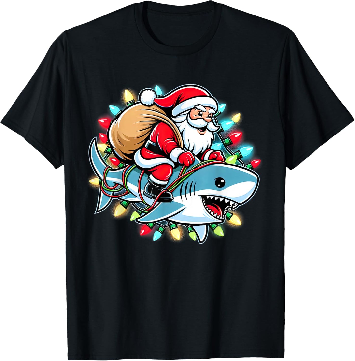 Santa Claus Riding Shark Christmas Boys Merry Sharkmas Xmas T-Shirt - T-Shirt | Black