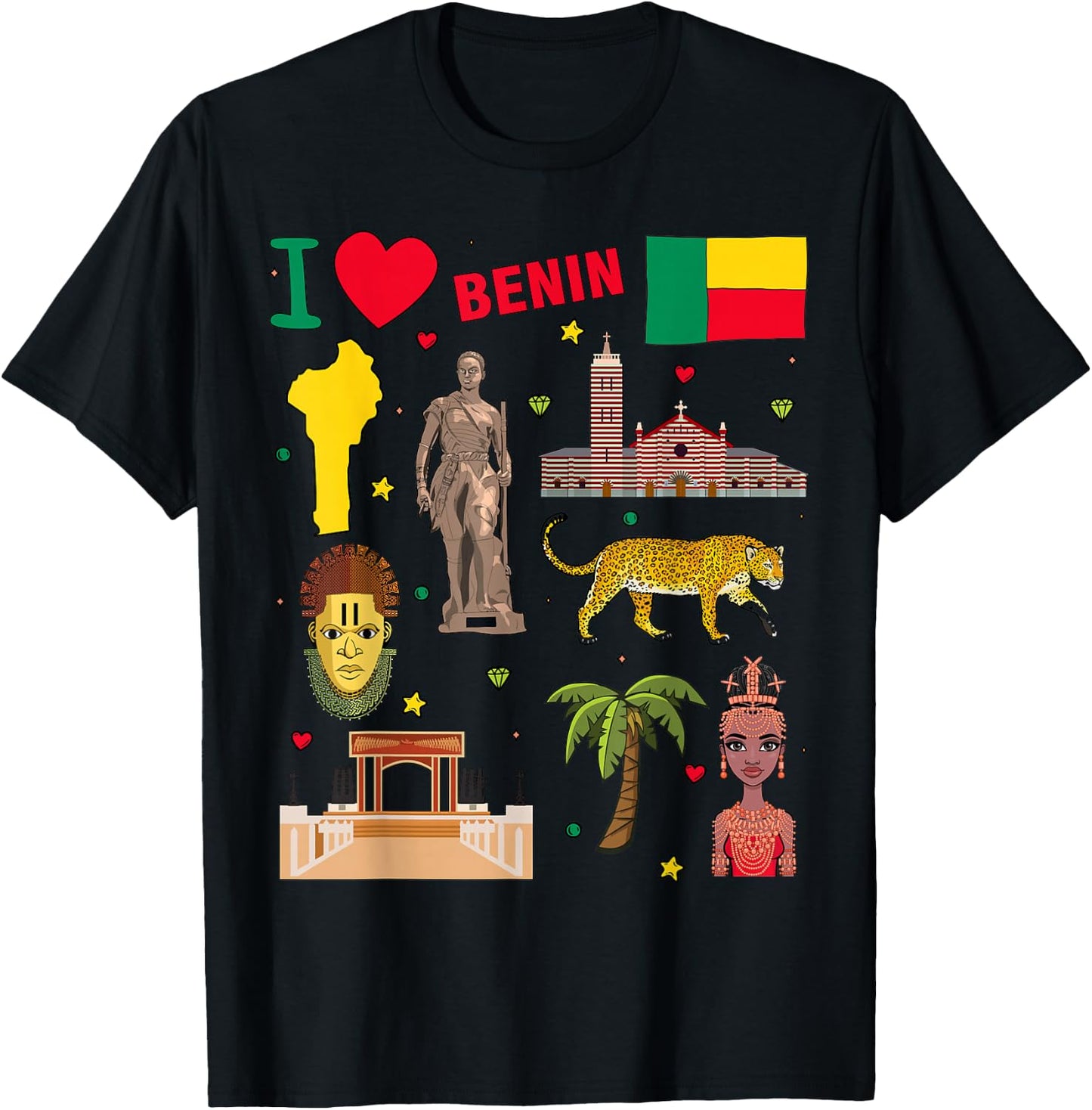 I love Benin. Hand drawn Beninese Landmarks, flag and map T-Shirt - T-Shirt | Black
