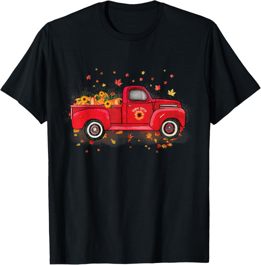 Fall Leaves Red Truck Pumpkins Sunflower Autumn Thanksgiving T-Shirt - T-Shirt | Black