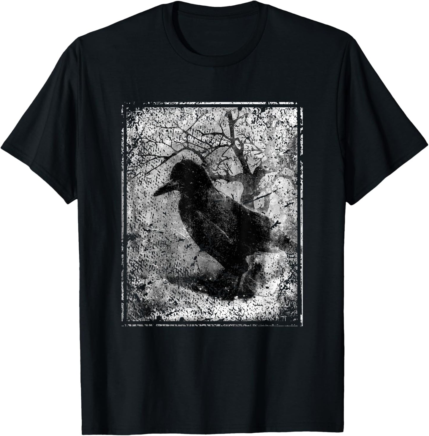 Black Crow on Tree- Vintage Dark Art Occult Aesthetics T-Shirt - T-Shirt | Black
