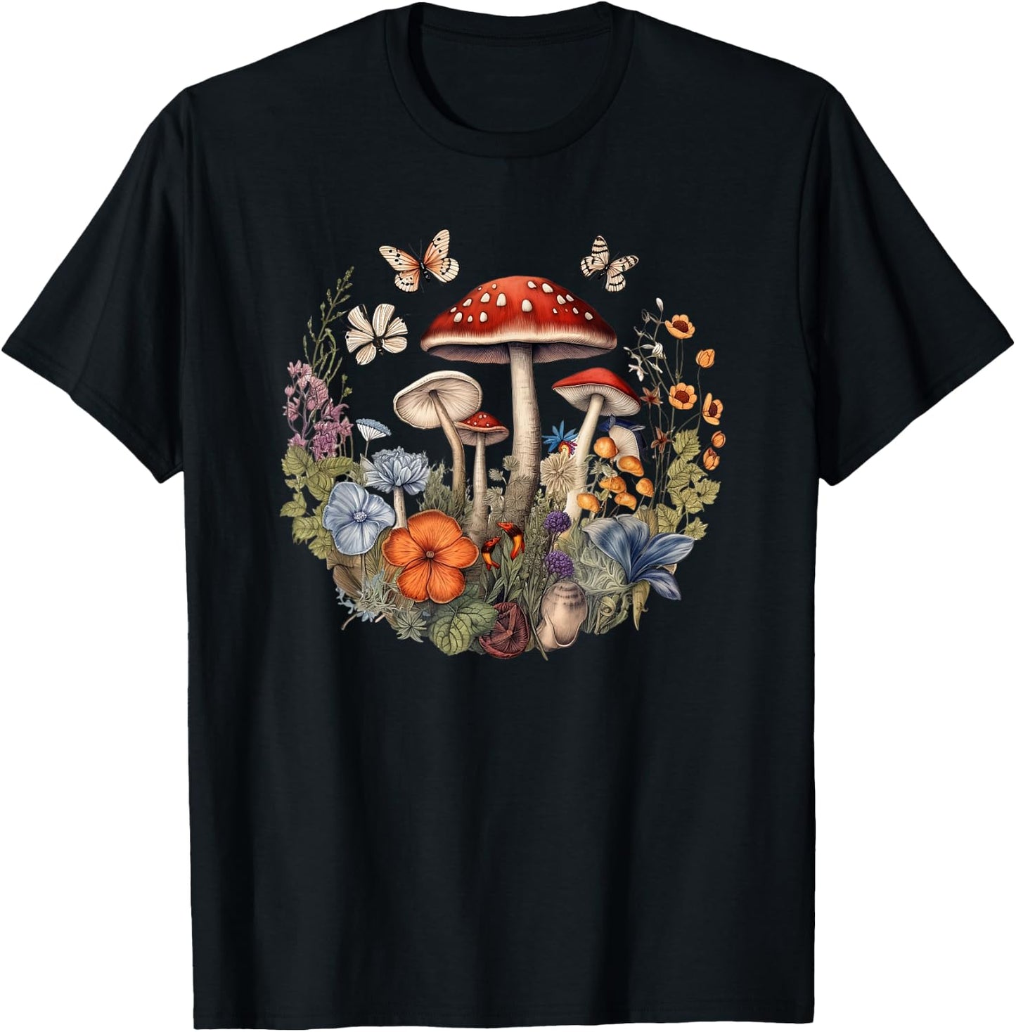 Flower Botanical Butterflies Mushroom Vintage Design T-Shirt - T-Shirt | Black