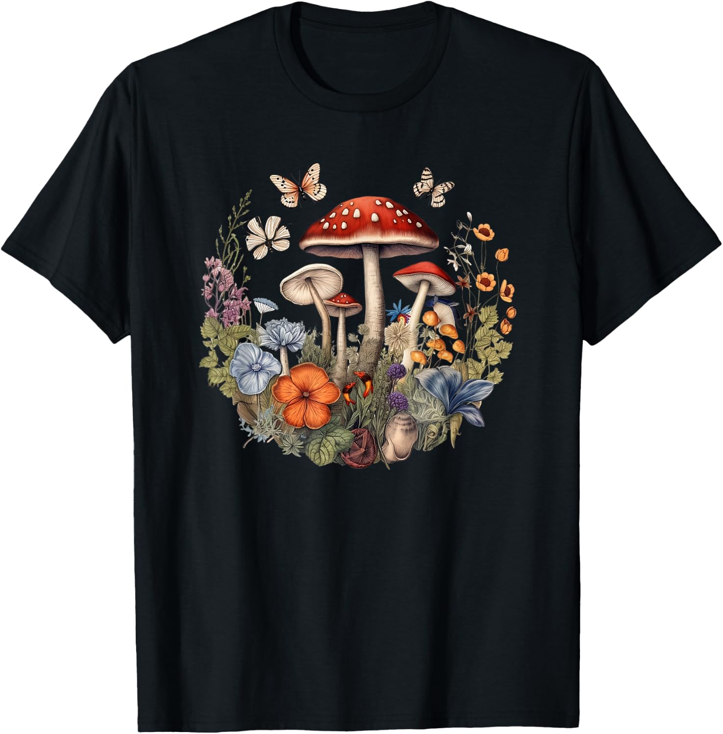 Flower Botanical Butterflies Mushroom Vintage Design T-Shirt - T-Shirt | Black