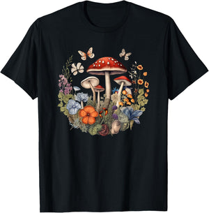 Flower Botanical Butterflies Mushroom Vintage Design T-Shirt - T-Shirt | Black