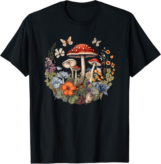 Flower Botanical Butterflies Mushroom Vintage Design T-Shirt - T-Shirt | Black