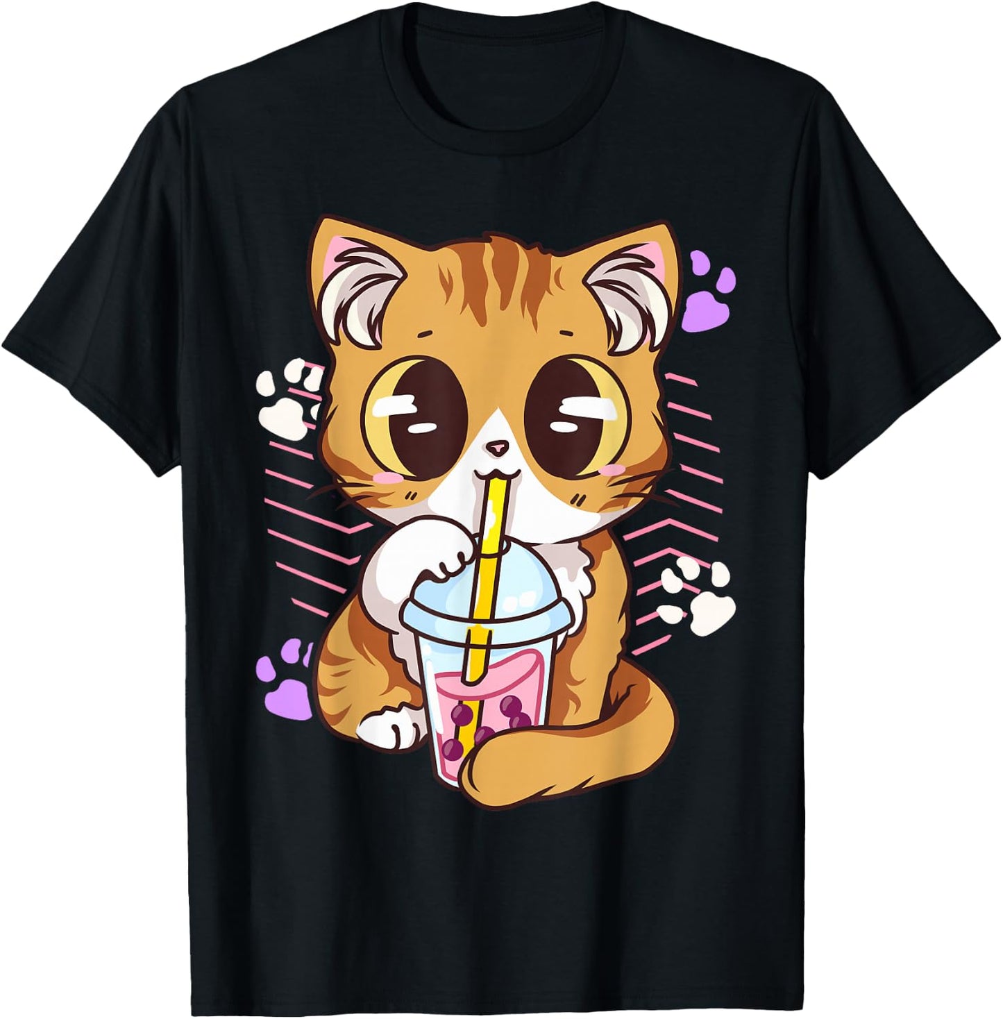 Cute Kawaii Cat Boba Bubble Milk Tea Anime Neko Kitten T-Shirt - T-Shirt | Black