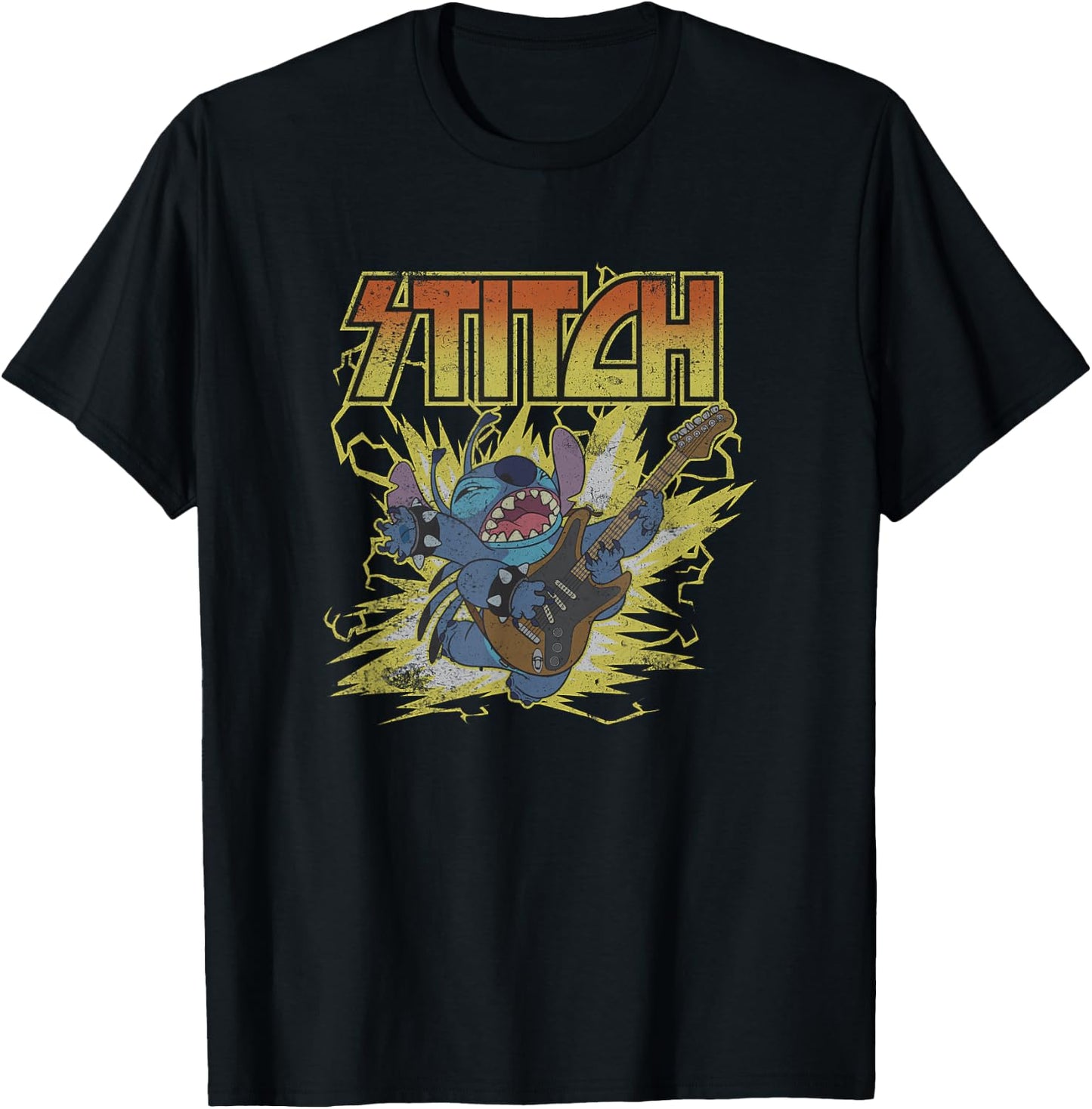 Disney Lilo & Stitch Hard Rocking Guitar Player Distressed T-Shirt - T-Shirt | Black