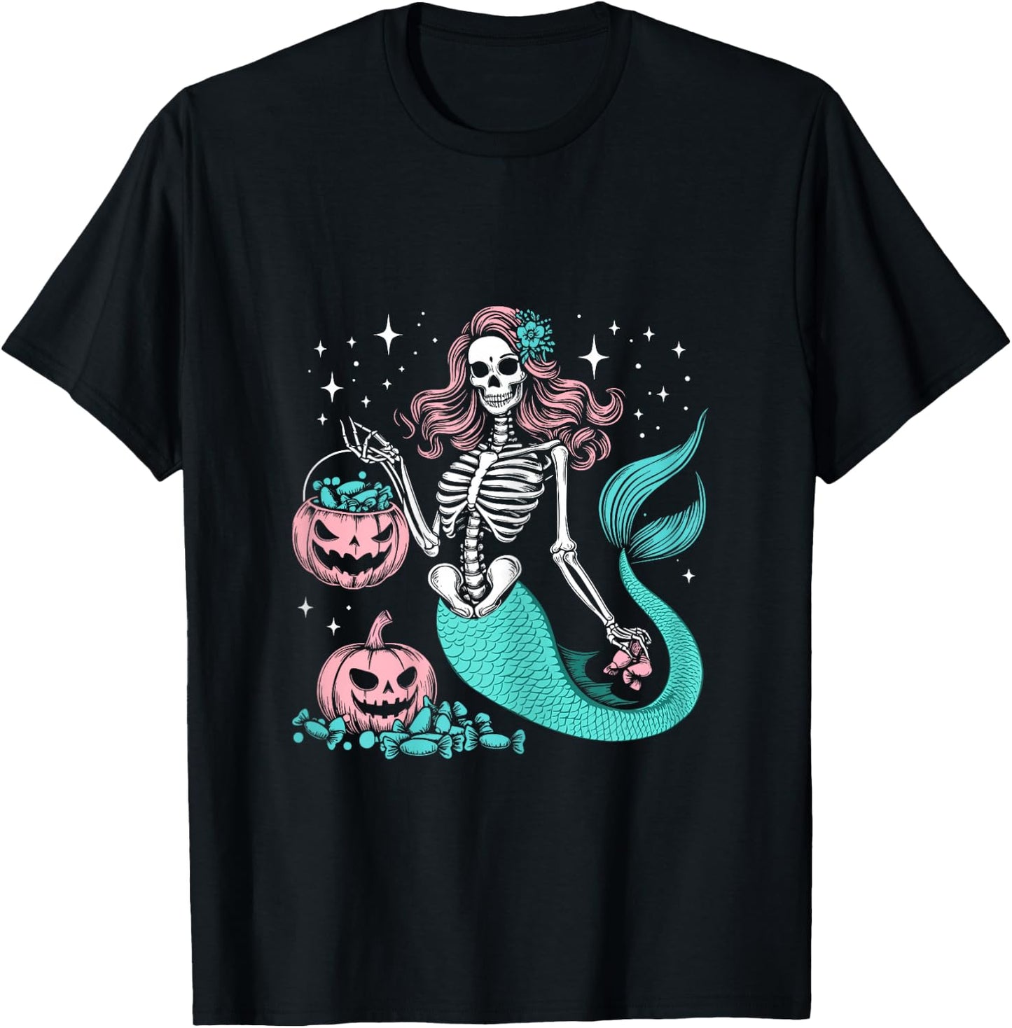 Halloween Mermaid Funny Skeleton T-Shirt - T-Shirt | Black