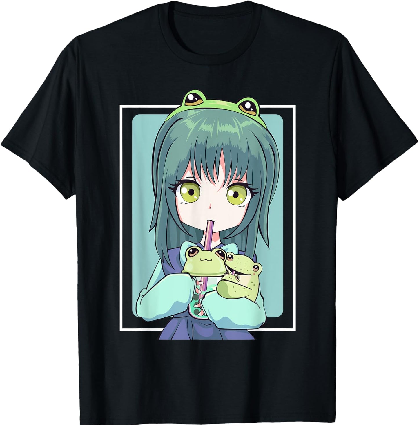 Anime Girl for Frog Lovers and Kawaii Boba Tea Frog Teens T-Shirt - T-Shirt | Black