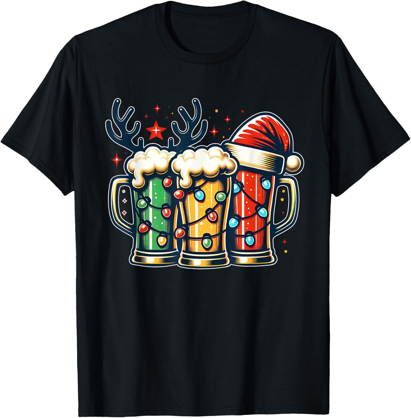 Funny Santa Reindeer Beer Christmas Lights Merry Xmas Beer T-Shirt - T-Shirt | Black