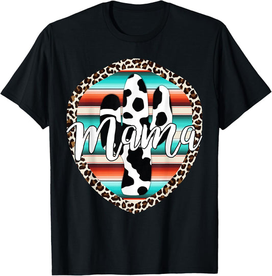 Western Mom Serape cow Cactus Leopard Cowgirl Rodeo Mama T-Shirt - T-Shirt | Black