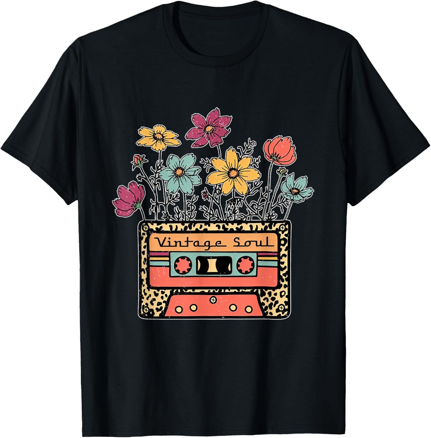 Funny Vintage Soul Leopard Cassette Tape Flowers Wildflower T-Shirt - T-Shirt | Black