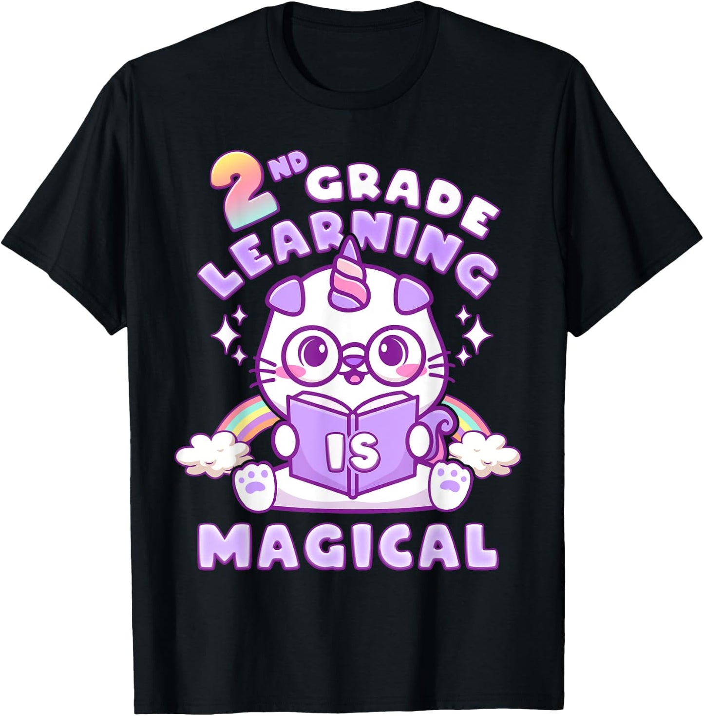 Back To School First Day of 2nd Grade Girl Unicorn Cat T-Shirt - T-Shirt | Black
