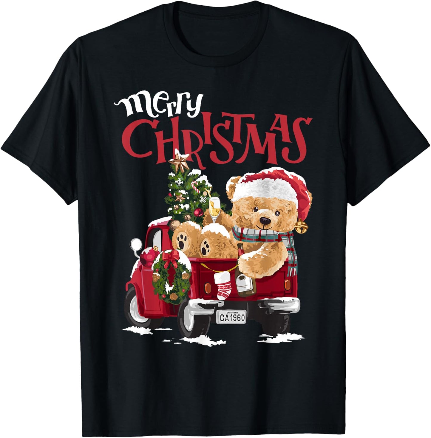 Teddy bear and Christmas tree in red truck T-Shirt - T-Shirt | Black