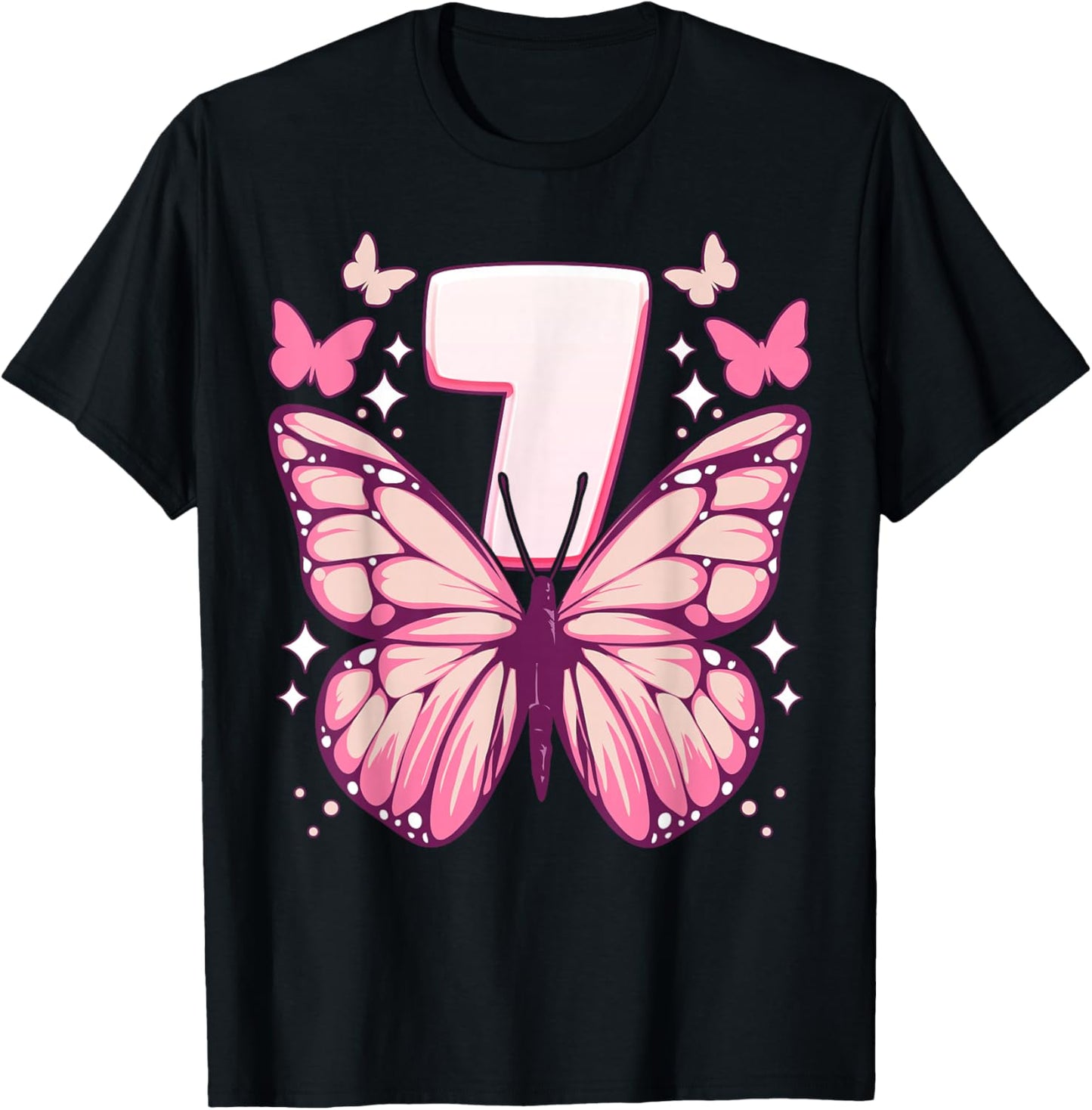 Birthday Girl 7 Years, Butterflies and Number 7 T-Shirt - T-Shirt | Black