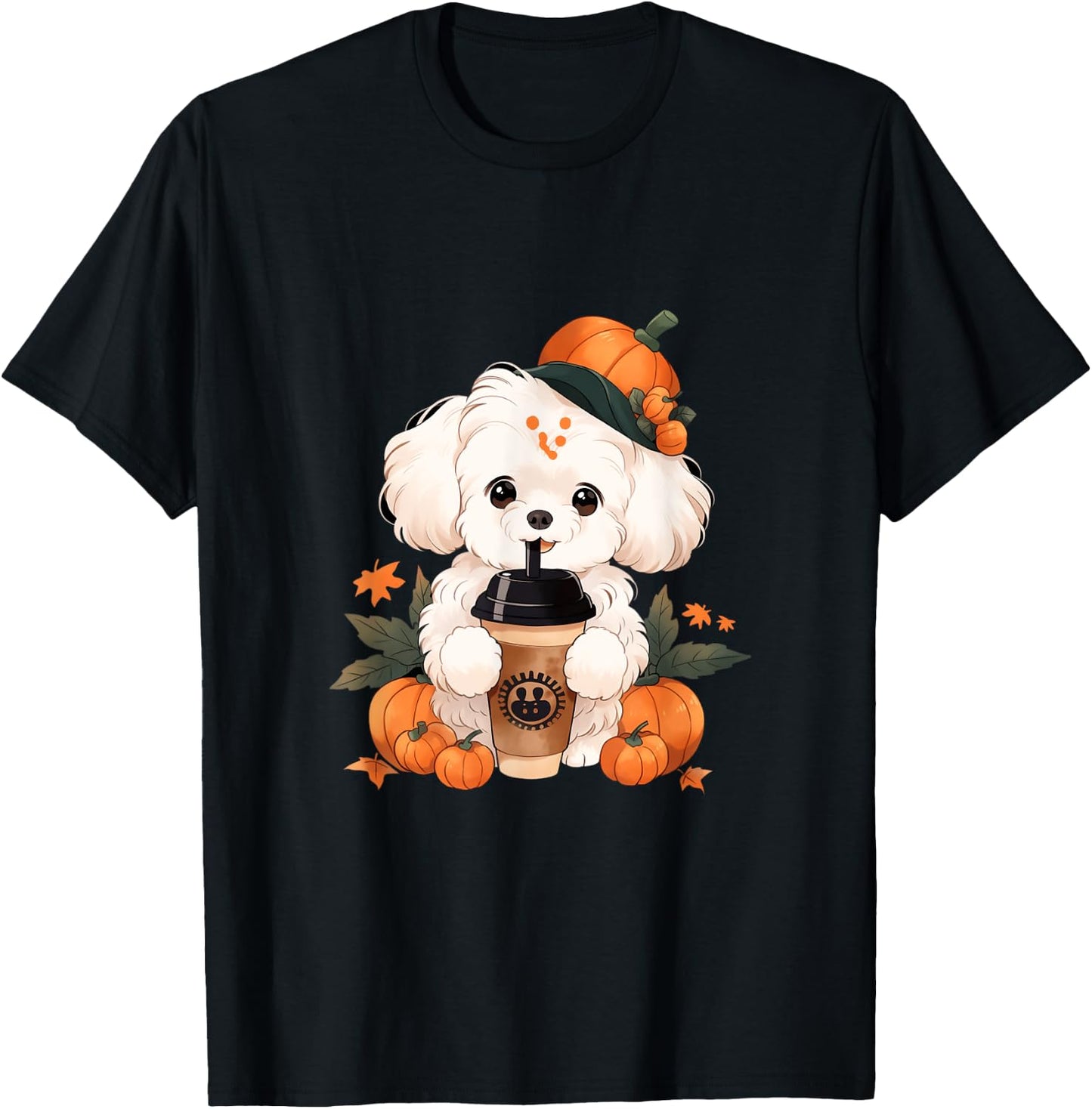 Bichon Frise Pumpkin Spice Latte Autumn Thanksgiving Halloween T-Shirt - T-Shirt | Black