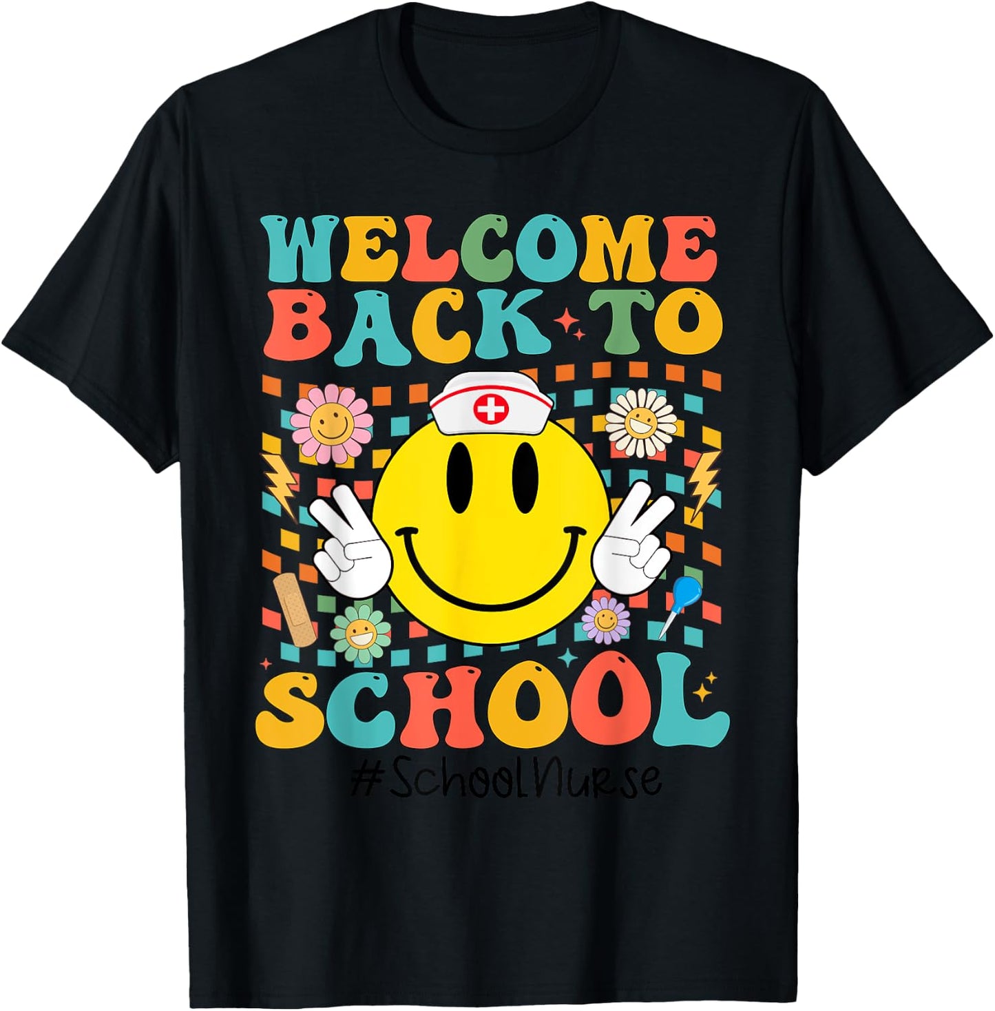Retro Groovy Welcome Back To School Shool Nurse Smile Face T-Shirt - T-Shirt | Black
