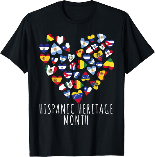 Hispanic Heritage Month all Countries Flags heart men women T-Shirt - T-Shirt | Black