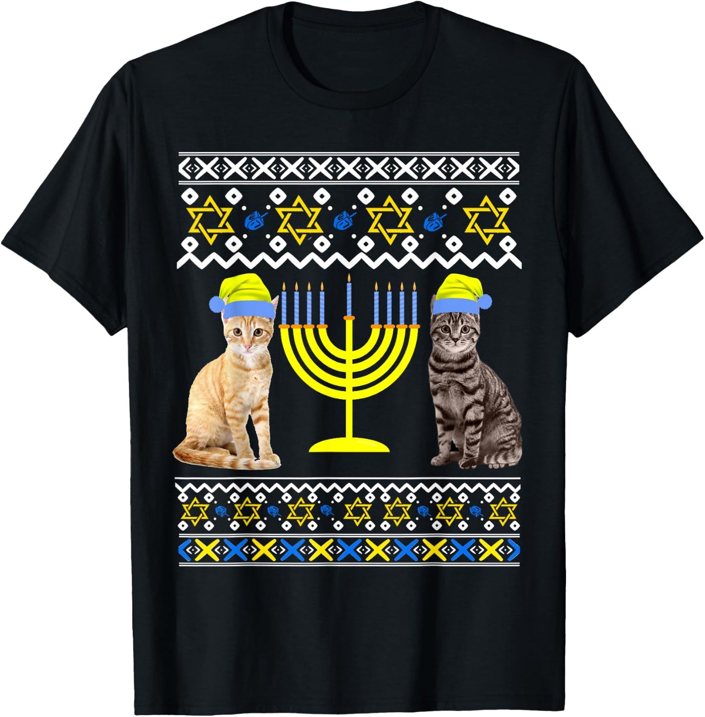 Cat With Menorah Hanukkah Chanukah Menorah Cat Sweater T-Shirt - T-Shirt | Black