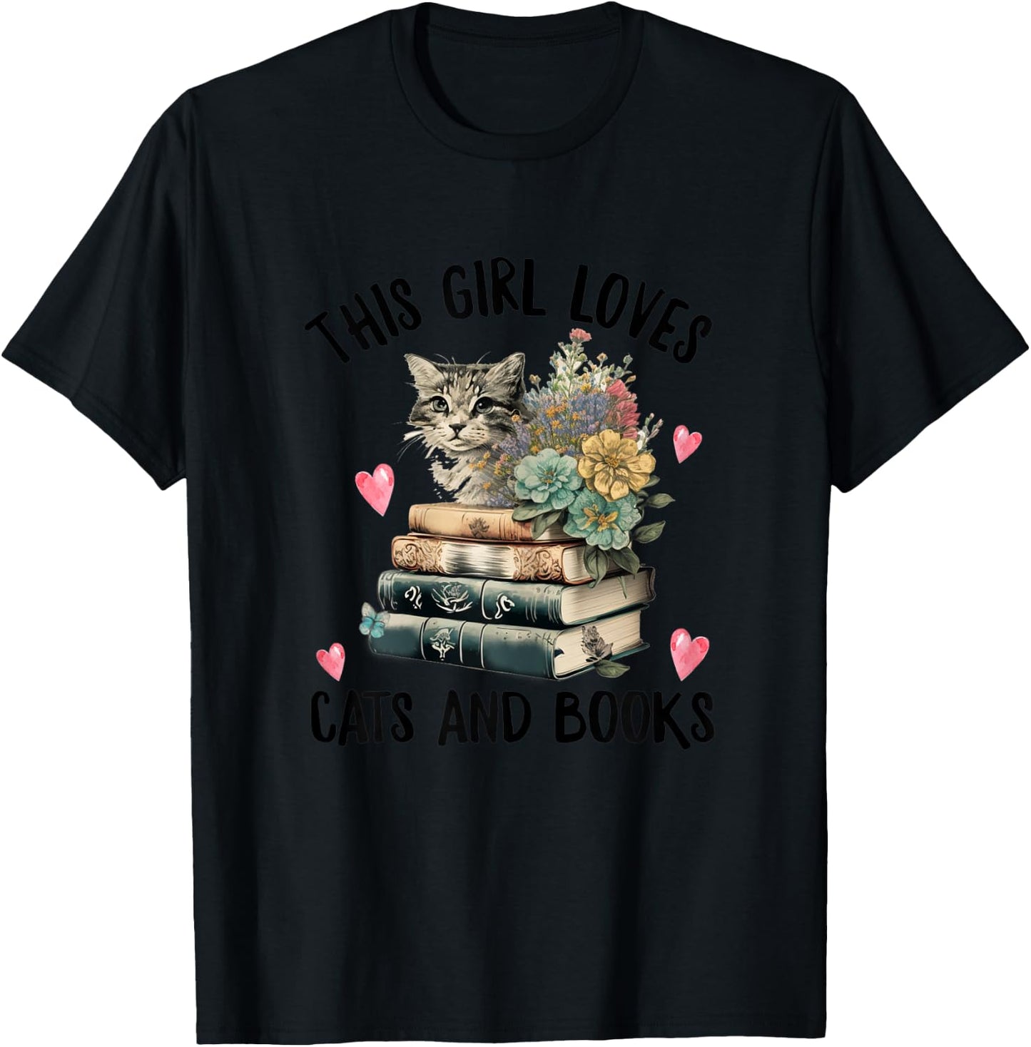This Girl Loves Cats and Books Funny Cat Watercolor T-Shirt - T-Shirt | Black
