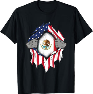 Mexican American Flags Hands Ripping Flag on Chest T-Shirt - T-Shirt | Black
