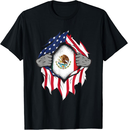 Mexican American Flags Hands Ripping Flag on Chest T-Shirt - T-Shirt | Black