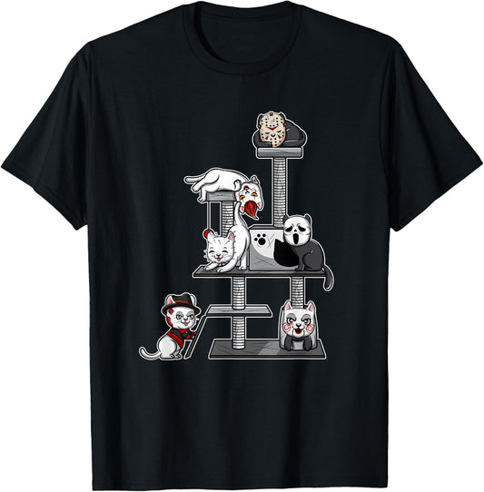 Funny Horror Movie Cats Playing On Cat Tree T-Shirt - T-Shirt | Black
