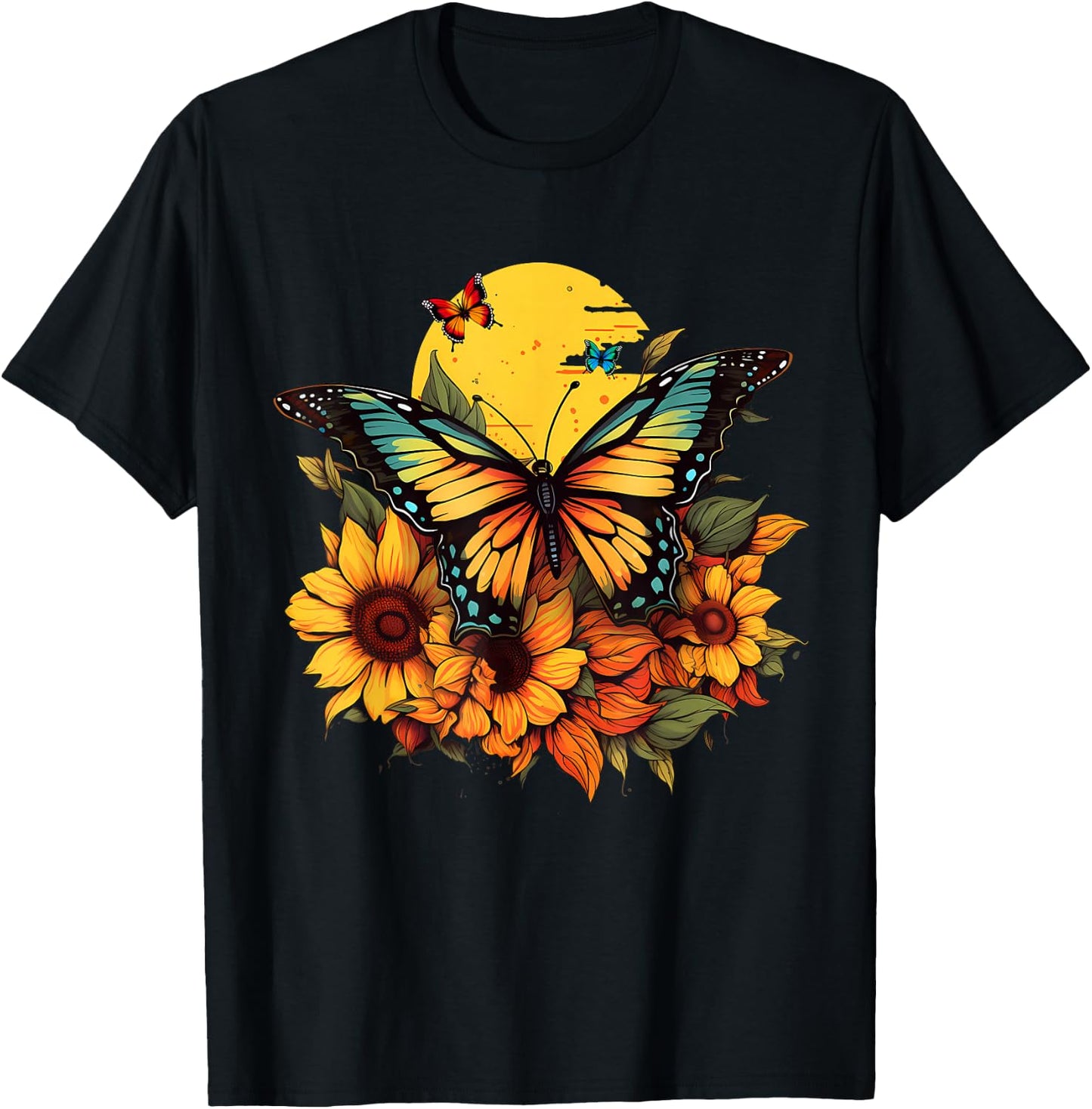 Butterflies Sunflower Design T-Shirt - T-Shirt | Black
