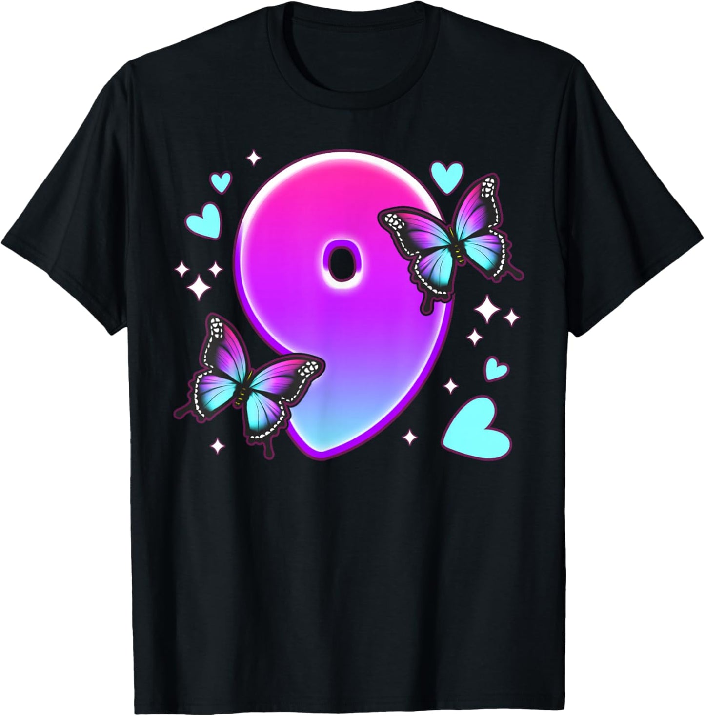 Birthday Girl 9 Years, Butterflies and Number 9 T-Shirt - T-Shirt | Black