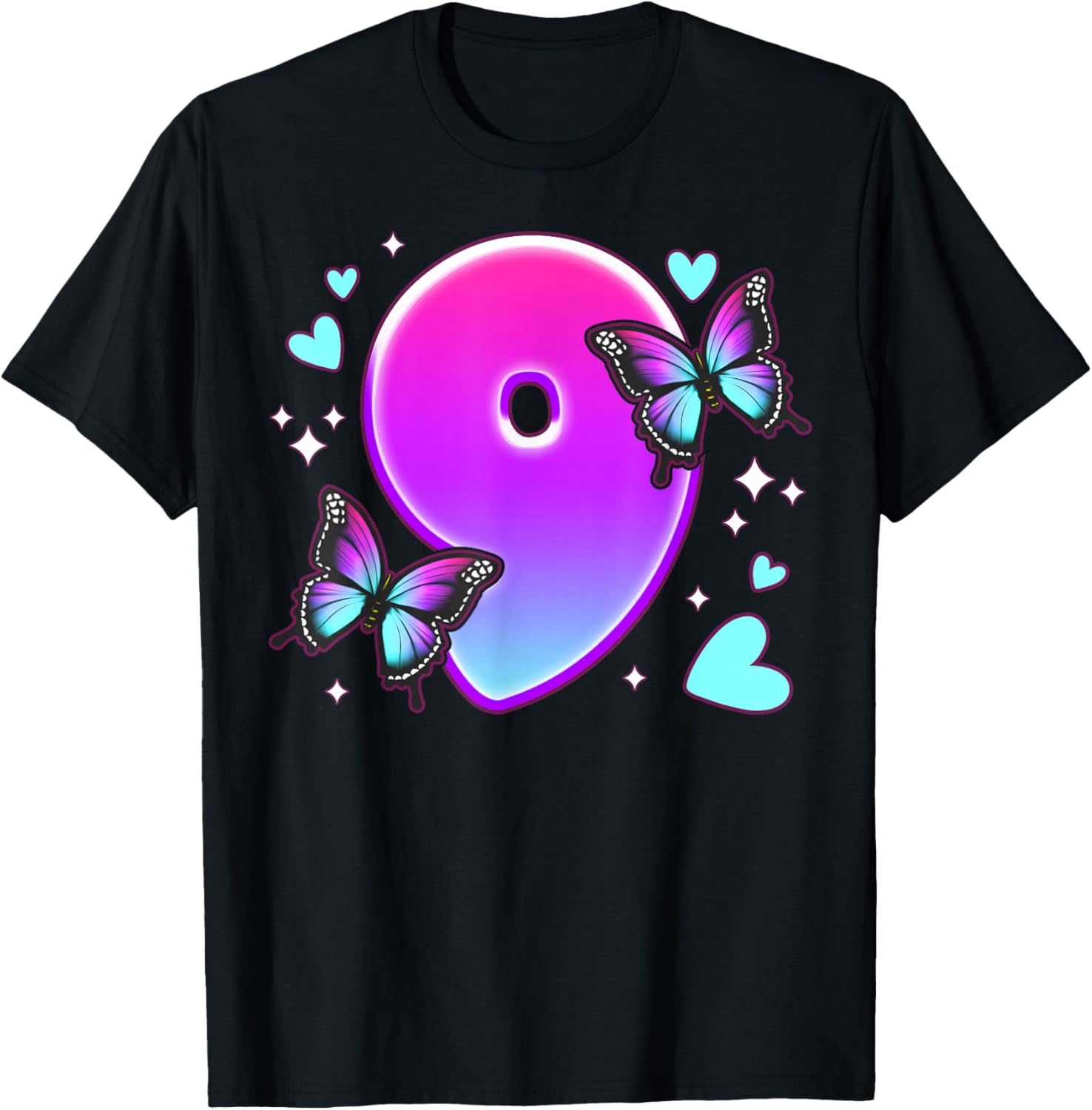Birthday Girl 9 Years, Butterflies and Number 9 T-Shirt - T-Shirt | Black